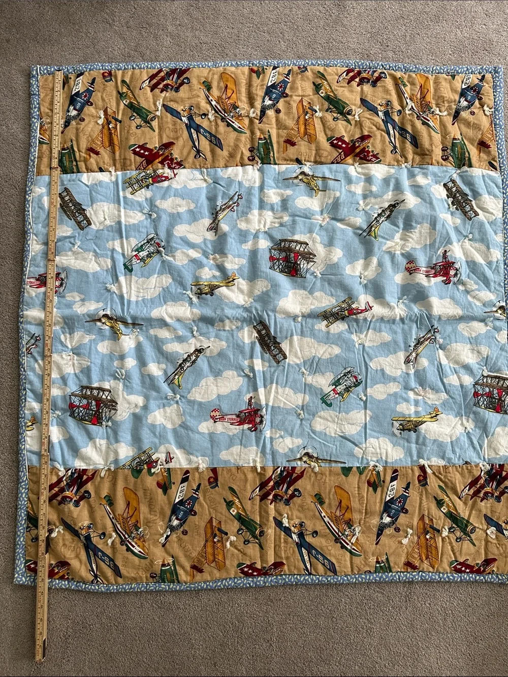 Vintage Airplane Print Baby Quilt Blue and Tan GUC